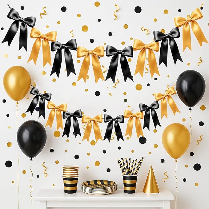 2 Strings of 16PCS Black&Gold Bow Garlands Banner Decoration, Pre-Strung Satin by Unknown