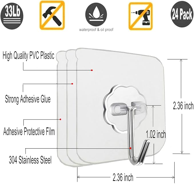 12 Pack Adhesive Wall Hooks 33LB Heavy Duty No Drill Transparent Waterproof - Image 2