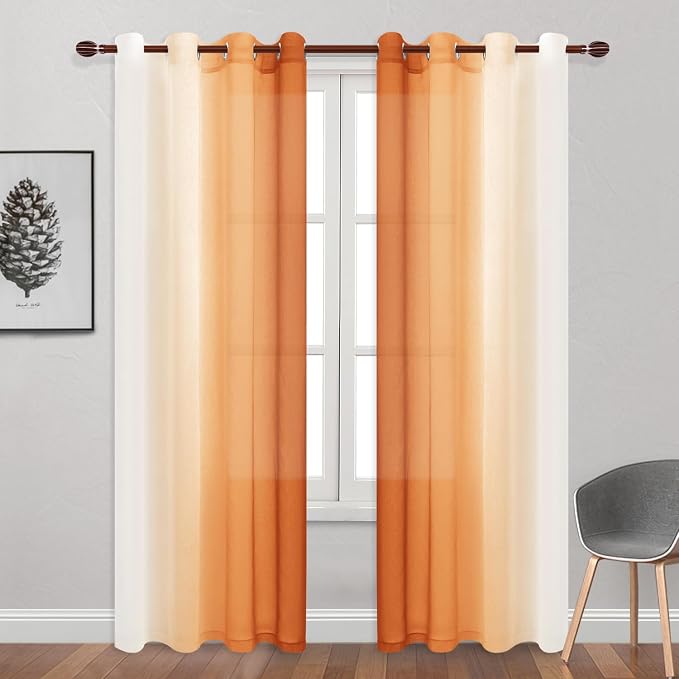 DWCN Orange Faux Linen Ombre Sheer Curtains - Image 2