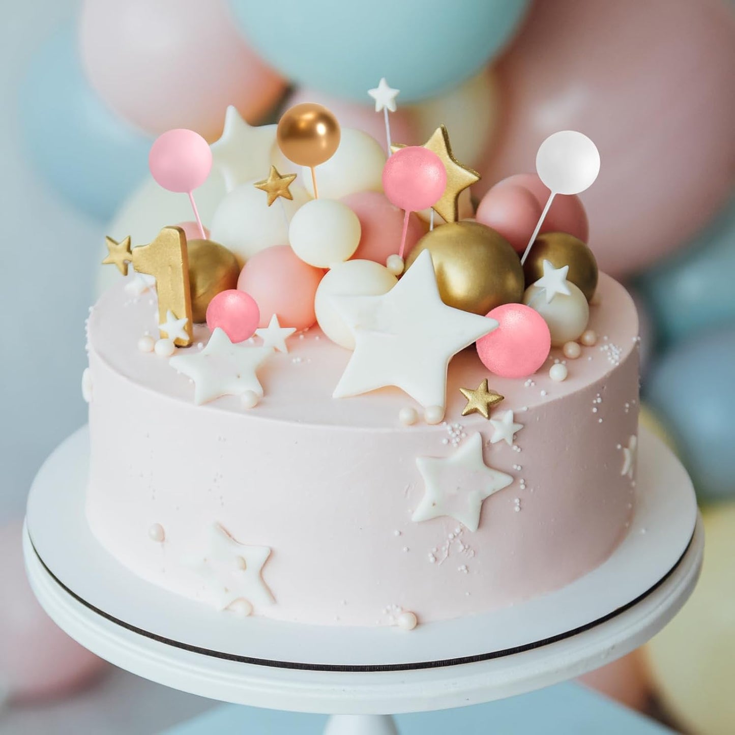 ASTARON 32 Pcs Ball Cake Topper Decorations Mini Balloons Cake Topper Sticks Foam Balls Cake Picks Cake Topper Balls Cake Decorations for Wedding Party Birthday Cake Decorations (Rose gold，Pink)