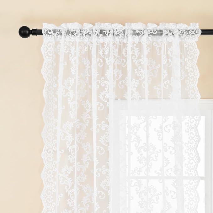 White Lace Curtains 108 Inches Long 2 Panels Paisley Floral Curtains - Image 3