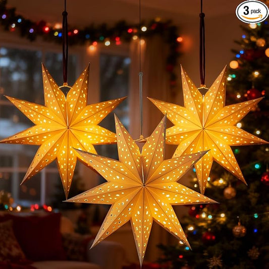 OSALADI 3Pcs Paper Star Lantern Lampshade 9 Pointed Star Hanging Decorations by OSALADI