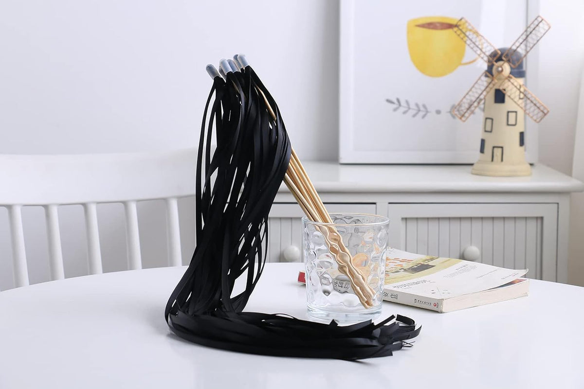 100PCS Ribbon Stick Wands Wedding Streamers with Silk Fairy Stick Wand for Wedding Party Baby Shower Send Off Party Activities Holiday Celebration Favors (Black-100PCS)
