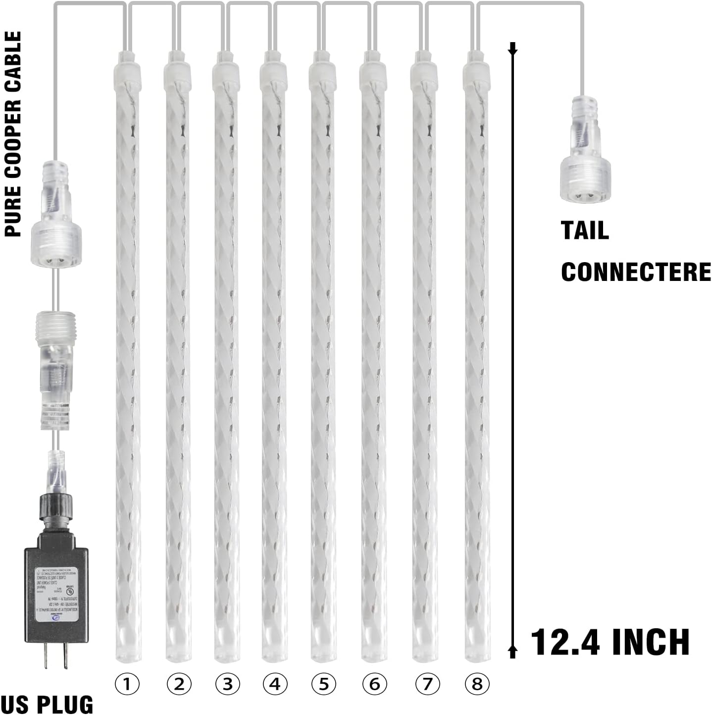 Dazzle Bright 288 LED Christmas Light, 11.8 Inch Meteor Shower Rain Lights with 8 Tubes，Waterproof Plug in Falling Rain Lights Christmas Decorations for Xmas Bushes Tree Yard Party, Blue and White