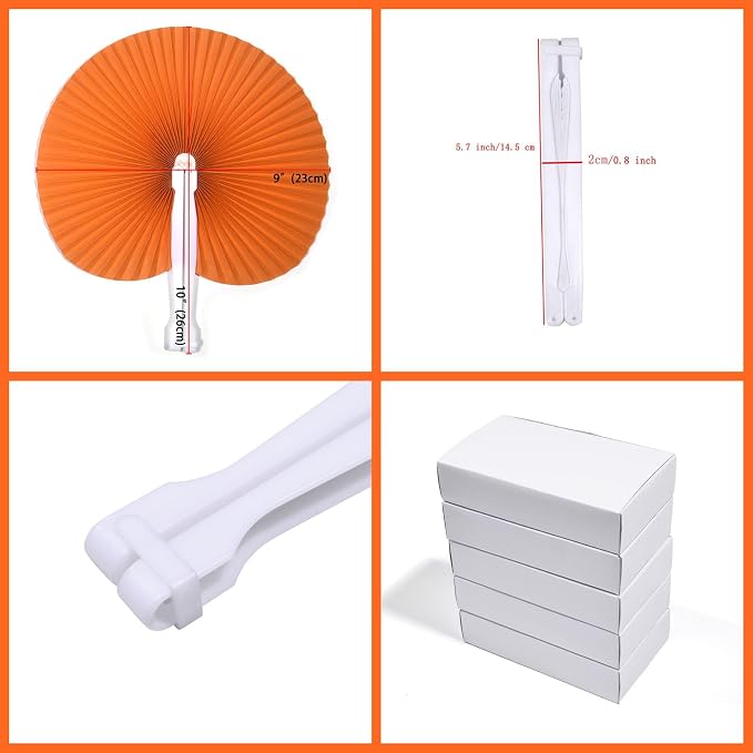 20 Pieces Orange Round Paper Fans | Foldable Handheld Fans - Image 2