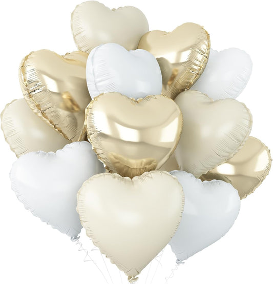 Cream White Heart Balloons,12Pcs Sand White Gold Heart Shaped Foil Balloons,18Inch Beige Helium Polyester Film Balloon for Boho Baby Shower Birthday Bridal Shower Wedding Party Decorations