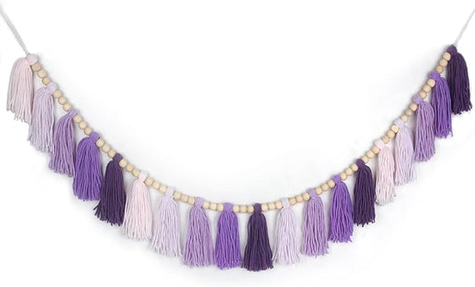 Purple Yarn Wood Bead Tassel Garland Wall Hanging Decor Boho Lavender Banner by WelcometoTasuwat