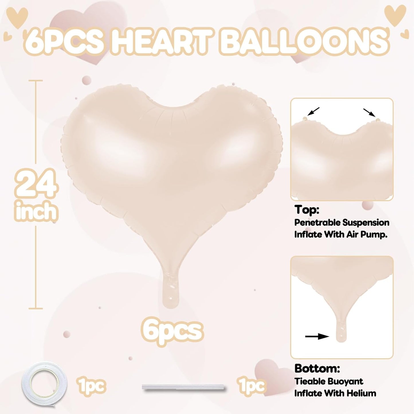 24 Inch Apricot Heart Balloons, Nude Heart Shaped Foil Balloons, Neutral Love Helium Balloon for Boho Valentines Day Bridal Shower Anniversary Wedding Birthday Party Decorations