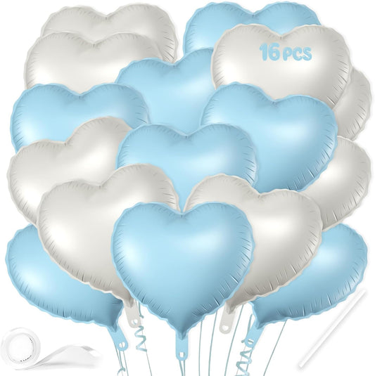 16 Pcs Heart Balloons, 18 Inch Blue White Sand Love Heart Shaped Foil Balloons for Wedding Anniversary Birthday Party Valentine Decorations Baby Shower Bridal Shower Engagement Decorations Supplies