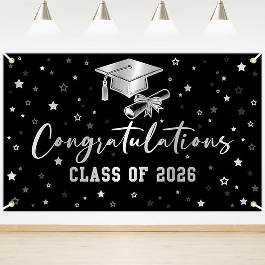 Congratulations Graduation Banner Class of 2026 Backdrop Black Silver Congrats by Lecheme