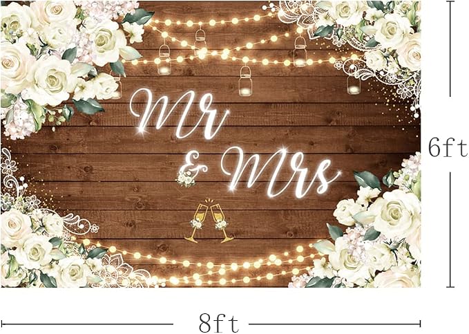 MEHOFOND 8x6ft Mr and Mrs Bridal Shower Backdrop Wedding Decorations Rustic - Image 3