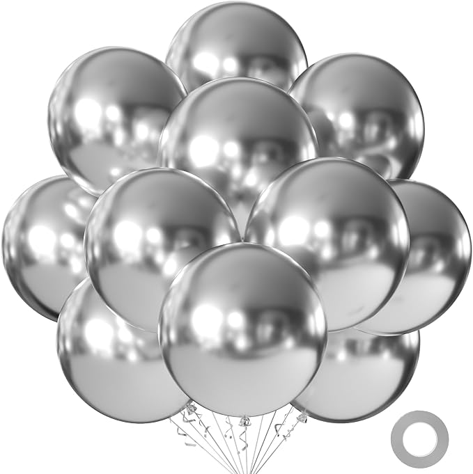 10pcs 18 inch Metallic Silver Balloons, Thick Latex Chrome Helium Balloons by KALOR