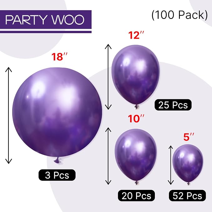 PartyWoo Metallic Purple Balloons 100pcs Chrome Purple Color | 18 12 10 5 Inch - Image 6