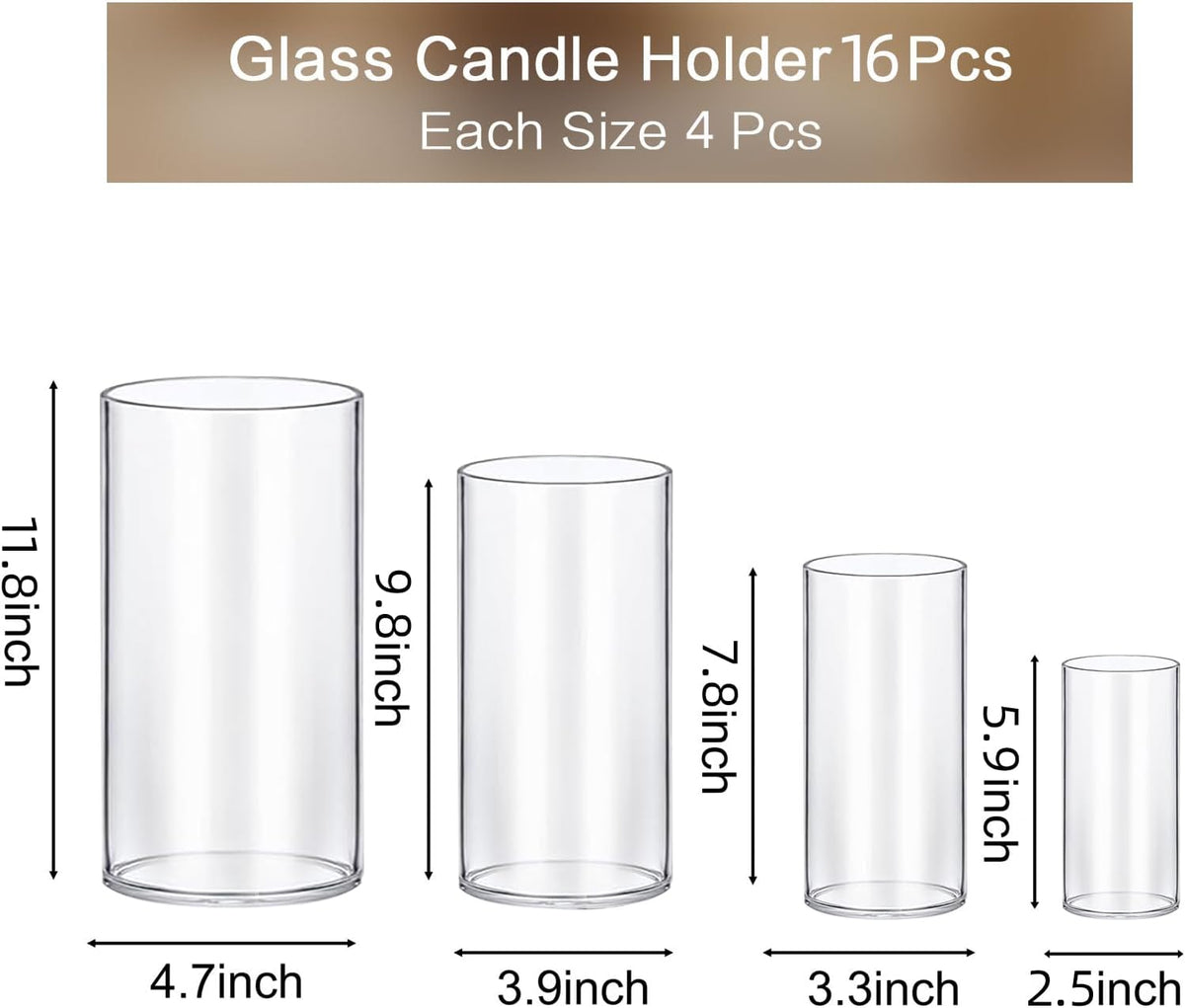 PHOSPHOR 16 PCS Glass Candle Holder, Hurricane Candle Hoder, Glass Pillar Candle Holder, Clear Cylinder Candleholder Cylinder Vase for Centerpieces Wedding Party Decoration