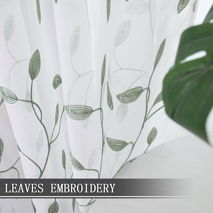 Tollpiz Leaves Short Sheer Curtain Sage Green Leaf Embroidery Bedroom Curtains - Image 3