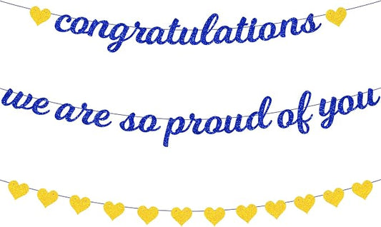 Zwiebeco Blue Gold Congratulations Banner We are So Proud of You Sign Hearts by Zwiebeco