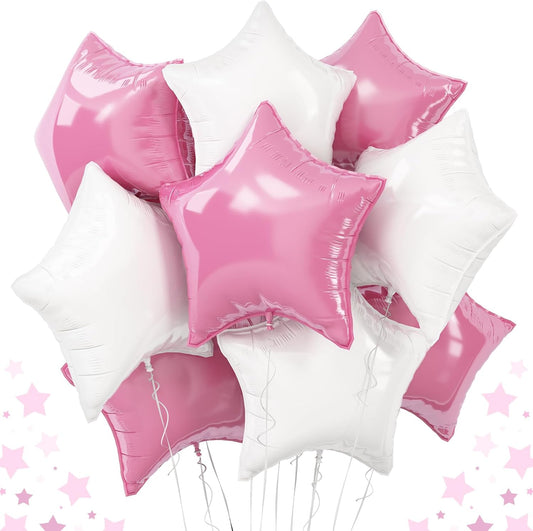 Pink White Star Foil Balloons, 18 Inch Pink White Stars Shape Mylar Balloons 10 Pcs Large Pink and White Pentagram Foil Balloons Party Decoration for Girls Birthday Wedding Bridal Baby Shower