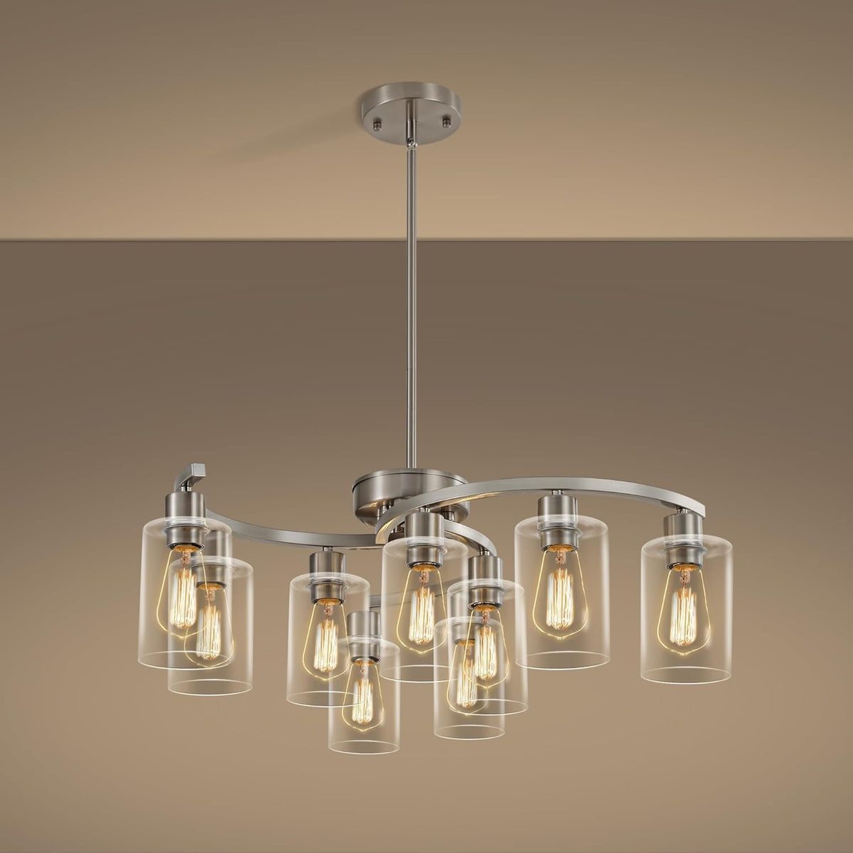 9-Light Brushed Nickel Glass Chandelier, Adjustable Height Hanging Industrial Dining Room Chandelier Over Table, Modern Farmhouse Chandelier for Kitchen Island Living Room Entryway Bedroom