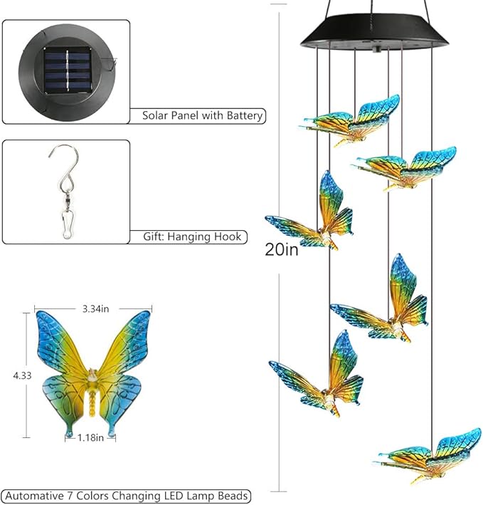 Toodour Solar Wind Chime, Color Changing Wind Chimes Butterfly Gift - Image 2