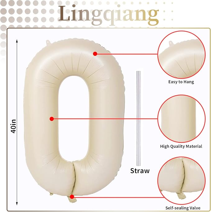 40 In Cream Large Numbers Balloons 0-9, Self Inflating White Sand Foil Number 0 - Image 2
