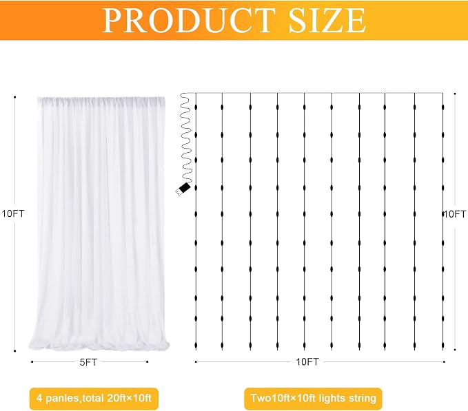 Tulle Backdrop Curtains with Lights Sheer White Curtain Backdrop 20x8ft | Tulle - Image 2