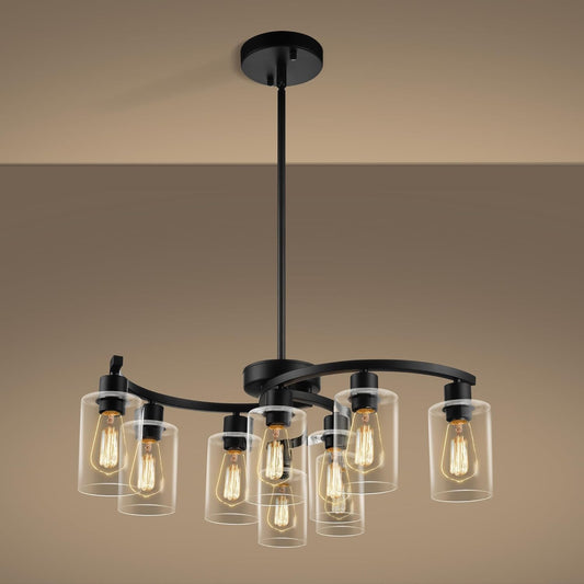 9-Light Black Modern Chandeliers for Dining Room, Adjustable Height Farmhouse Kitchen Island Lighting, Industrial Hanging Light Fixtures for Living Room Bedroom, Clear Glass Shade