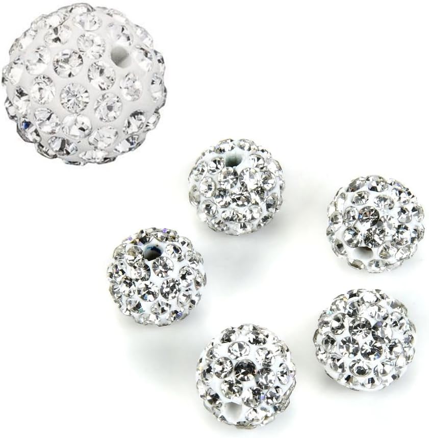 100pcs Adabele Grade A Suncatcher Crystal Rhinestone Pave Loose Beads 10mm Clear White Polymer Clay Disco Ball Spacers Compatible with Shamballa All Craft Jewelry Making DB10-1