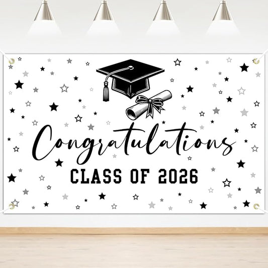Congratulations Class of 2026 Backdrop Black White Graduation Banner Congrats by Lecheme