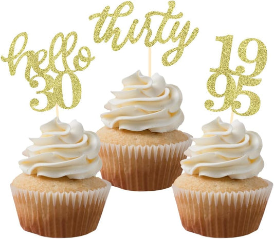 24 Pcs Gold Glitter 30th Birthday Cupcake Toppers for 30th Anniversary Birthday Party Wedding Party Decorations