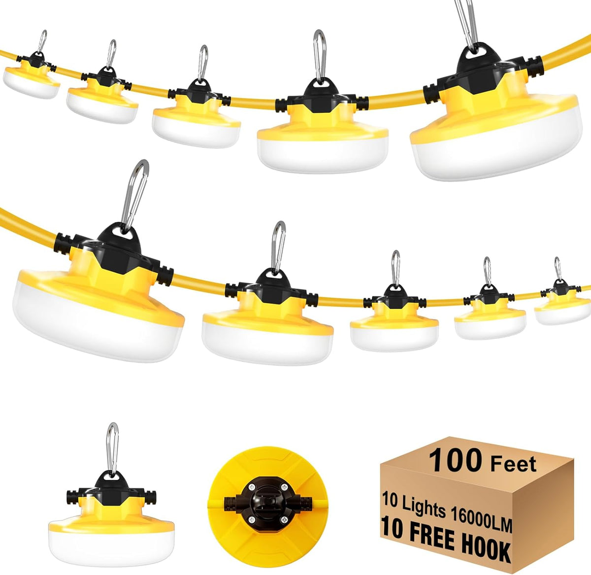 100FT LED Construction String Lights 3 Prong, 130W 16000Lm LED String Work Lights, 5000K Daylight Temporary Lighting for Construction Sites, Jobsite, Renovation, Mine Cave, UL Listed