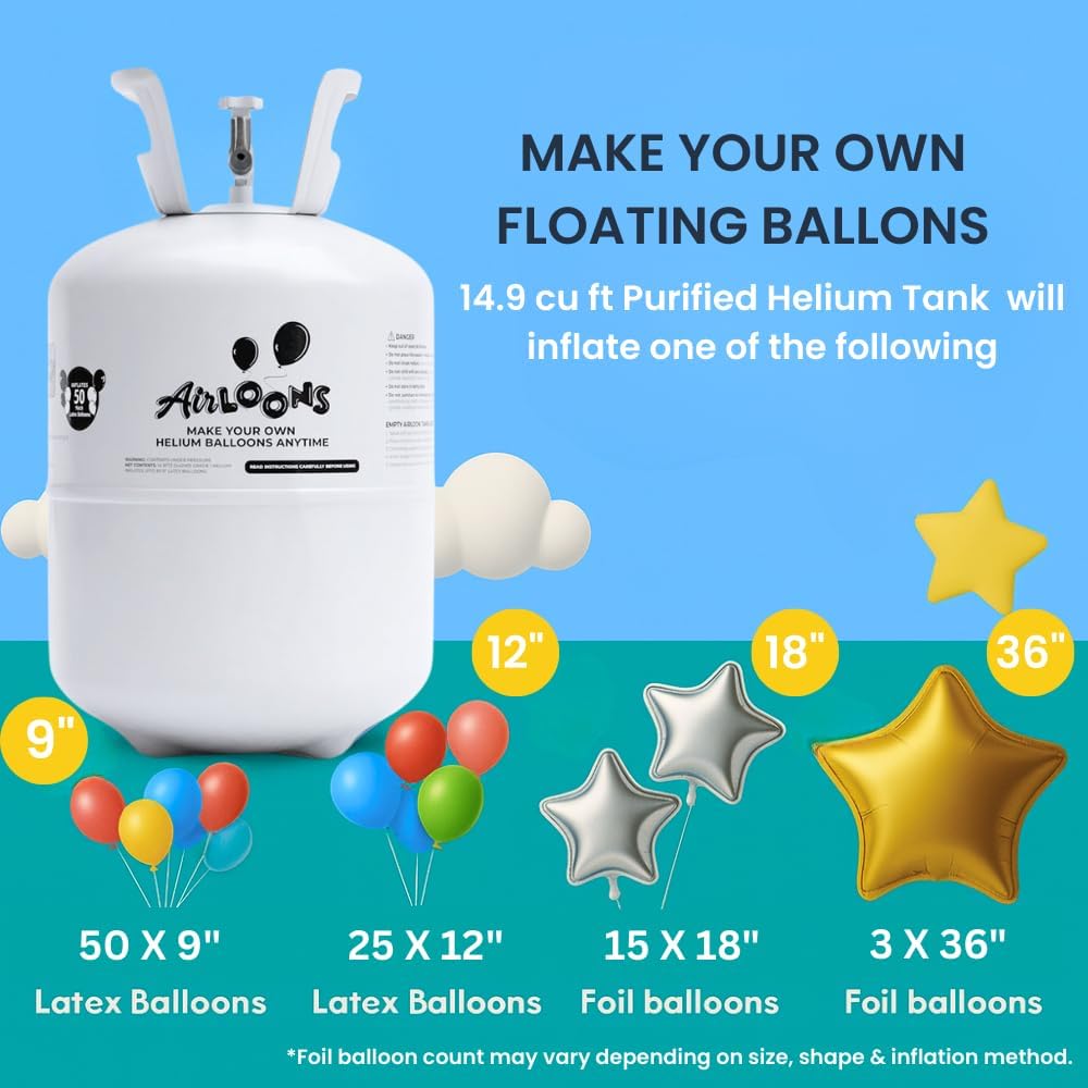 Airloons Helium Balloon Kit with 14.9 Cu Ft Tank – Includes 50 Multicolor 9 inch Latex Balloons, Ribbon & Easy to Fill Nozzle – Easy Setup for Birthdays, Weddings, Baby Showers, DIY Party Décor
