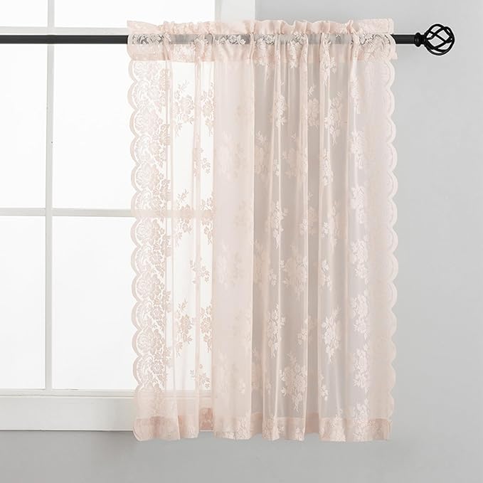 Kotile Blush Pink Lace Curtains Country Floral W42 x L36 Inch, 2 Panels | Rod - Image 6