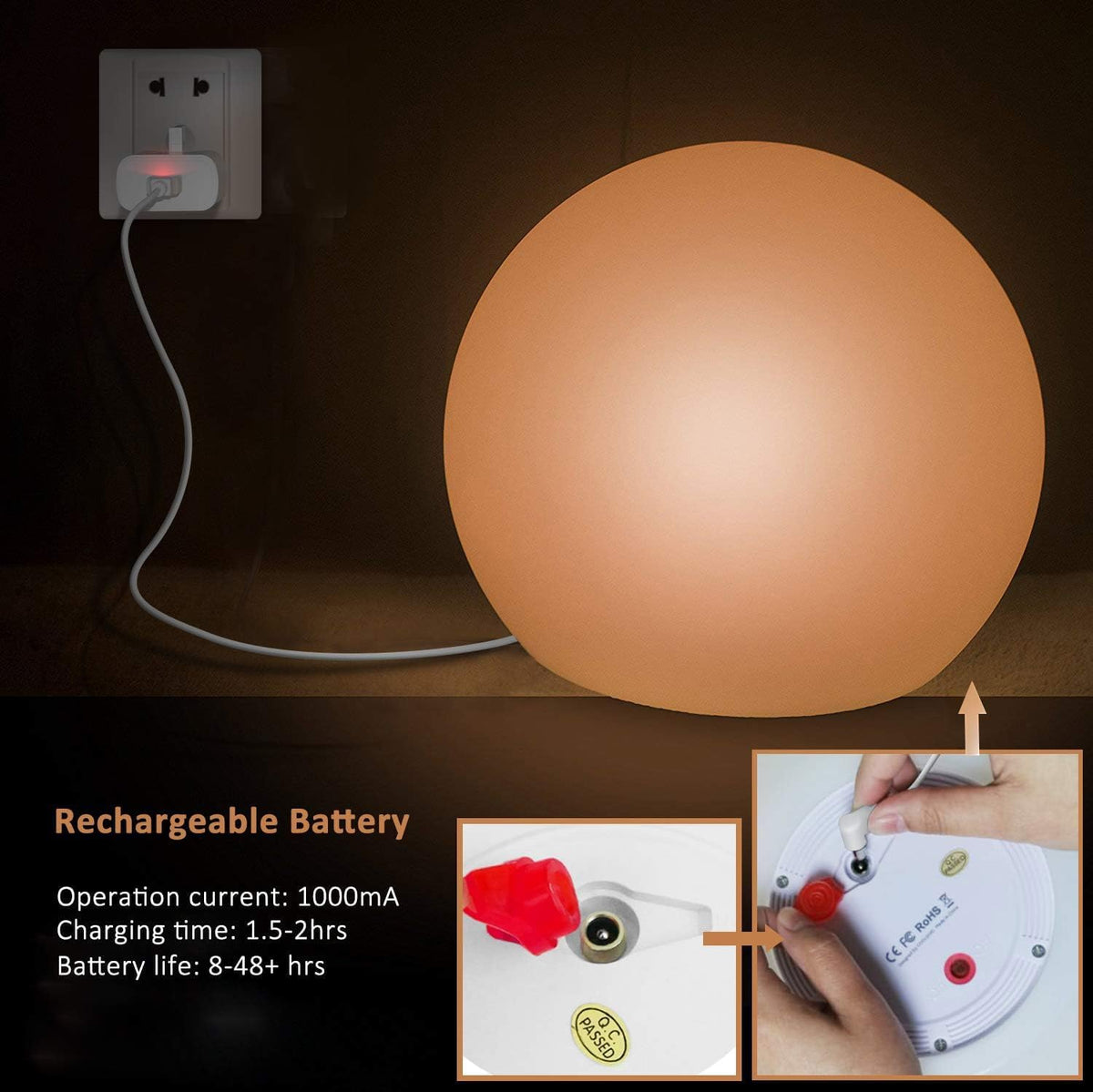 10-Inch LED Ball Light, Rechargeable Dimmable LED Glowing Orb Light w/Remote, 16 RGB Color Changing Globe Floor Lamp, Indoor/Outdoor Waterproof Mood Lamp for Home Lawn Party Pool Decor