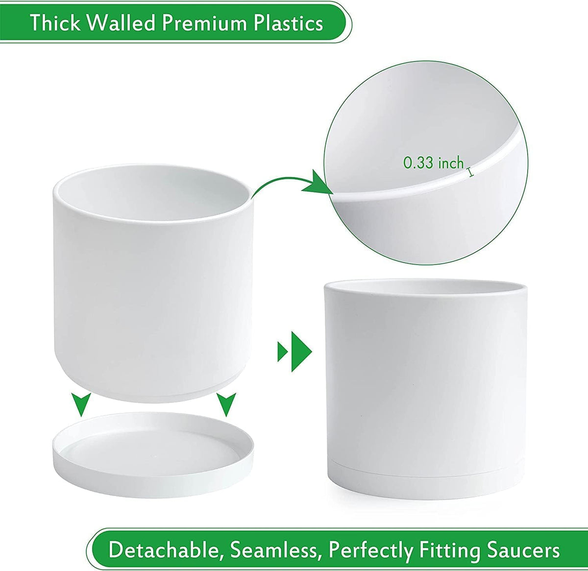 D'vine Dev 2 Pack 12 Inch Modern Plastic Plant Pots, Cylindrical Garden Planters for Plants with Drainage Holes and Saucers, White, 74-Z-P-1