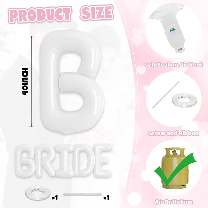 BRIDE Balloons Bachelorette Party Decorations, 40 Inch White Bride Letter Mylar - Image 2