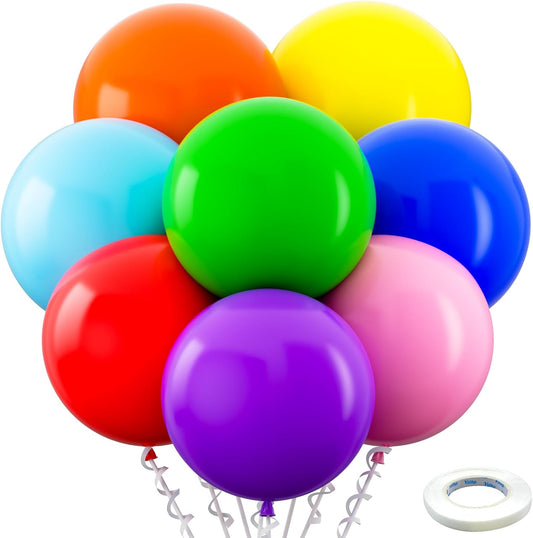 Bezente Assorted Rainbow Giant Balloons 36 Inch - 8 Pack Jumbo Multicolor Large Round Latex Balloon for Birthday Bridal Shower Wedding Party Decorations