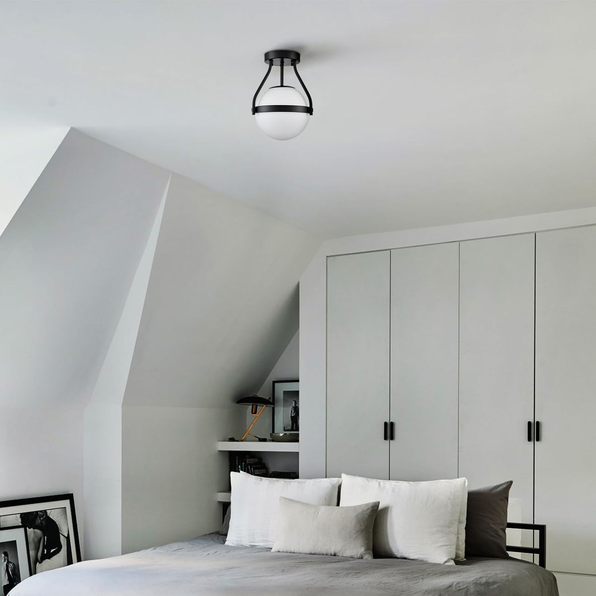 HOLKIRT Modern Globe Semi Flush Mount Ceiling Light,Black Ceiling Light Fixture with Opal Glass 7Inch/18CM,Mid Century Kitchen Light Fixtures Hallway Light Fixtures Ceiling for Bedroom Kitchen