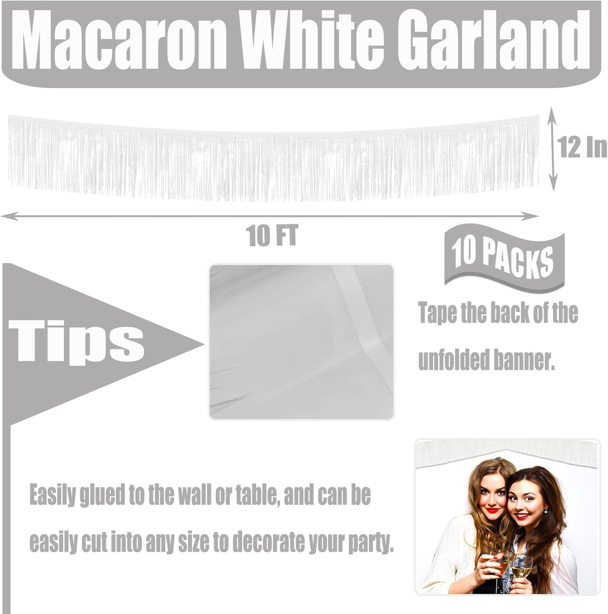 10 Pack 10 Feet Foil Fringe Garland Metallic Tinsel Streamers Banner Wall Hanging Curtain Backdrop for Parade Floats, Bachelorette, Wedding, Birthday, Halloween, Christmas Party Decorations(White)