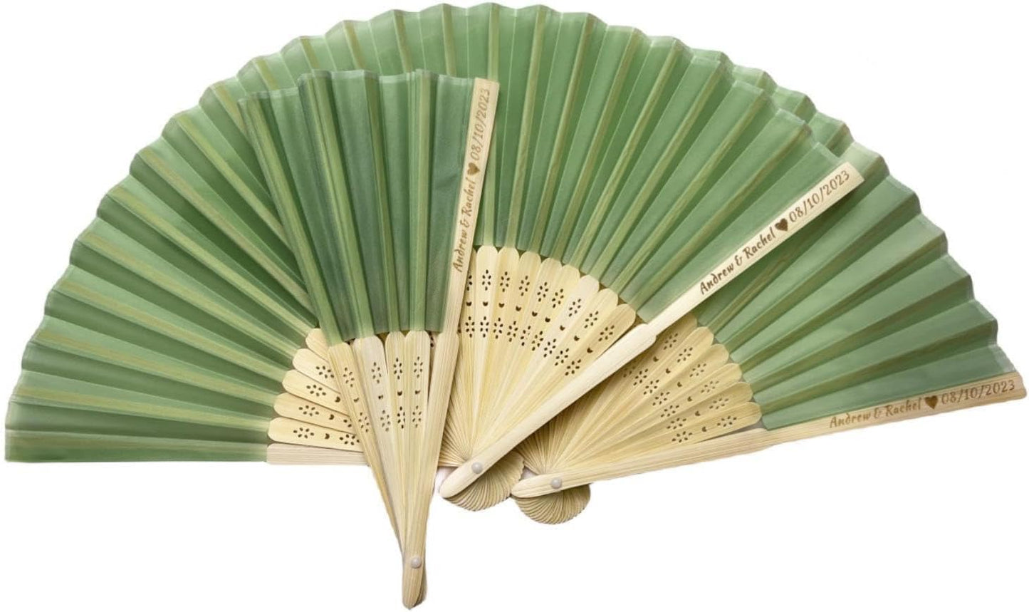 Personalized Wedding Fans Handheld Folding Fans (90Pcs) - Custom Engraved Green Silk Fans for Bridal Shower Favor/Baby Shower Favor, Birthdays Party Gifts/Gifts for Party Guests