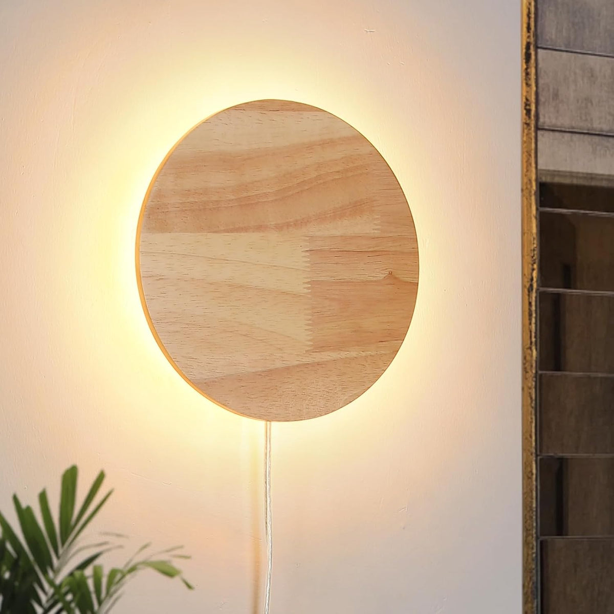 Modern Minimalist Plug in Wall Sconces, Plug-in Or Cordless 11.8'' Round Wood Backlight LED Wall Lamp, 25W, 2500LM Warm White Brightness Wall Light Fixtures for Bedroom, Living Room Wall Décor