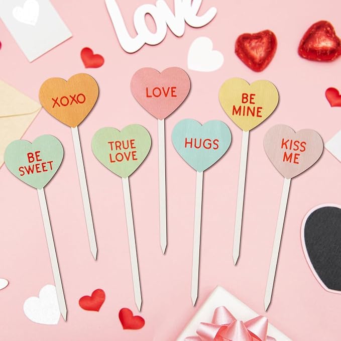 TICIAGA 28PCS Valentine’s Day Decorative Picks Cute Double-Sided Wooden Heart - Image 3