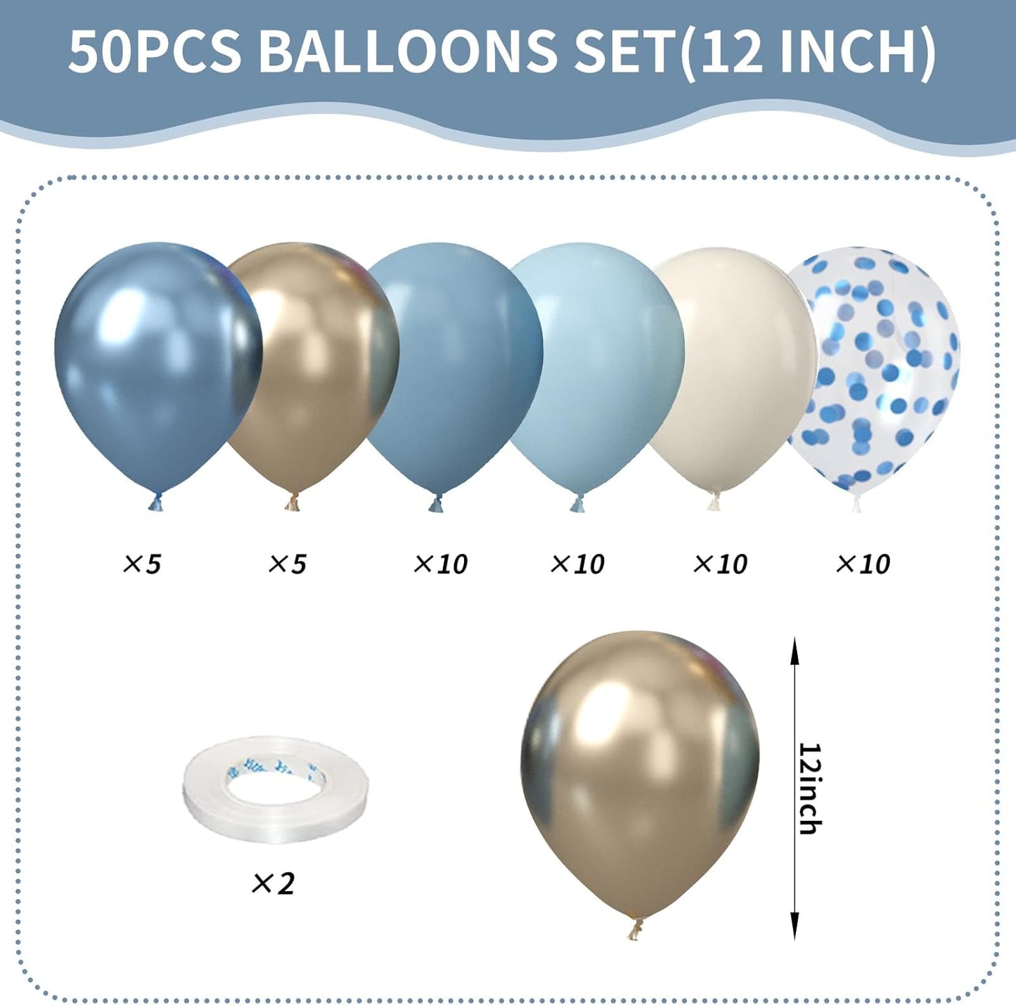 Dusty Baby Blue Balloons, 50Pcs 12 Inches Light Blue White Metallic Gold Confetti Birthday Balloons for Boy Baby Shower Birthday Party Wedding Anniversary Bridal Engagement Graduation Decorations