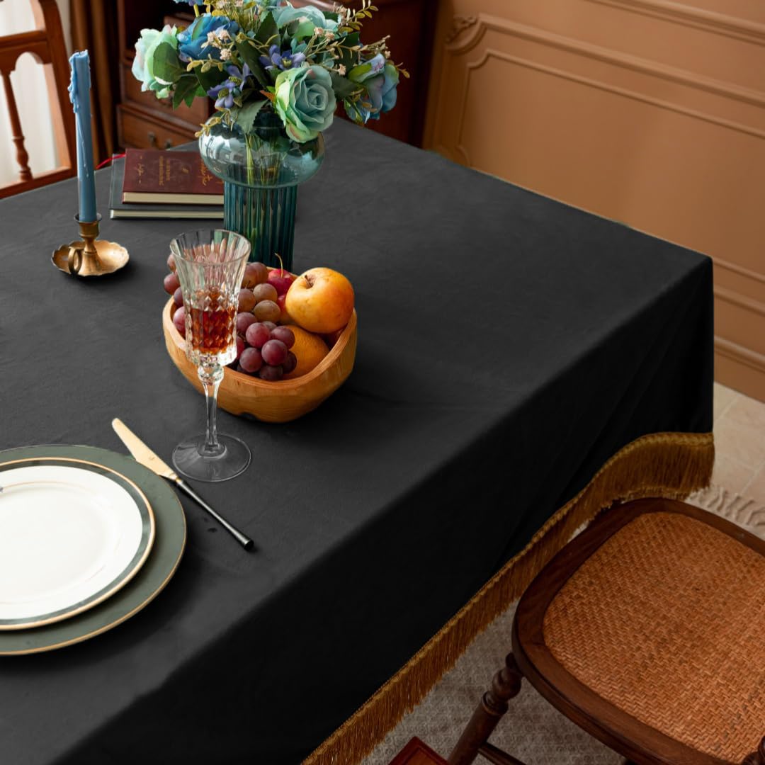 F-CHU Luxury Black Tablecloth Thickset Velvet Tablecloth with Beautiful Gold Tassels Table Cloth for Home Decor Wedding, Party, Banquet and Events 60x102-Inch