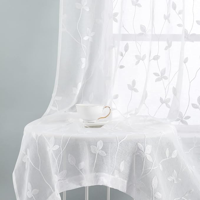 HOMEIDEAS White Sheer Curtains 2 Panels, Embroidered Vine Leaf, W52 x L84 | - Image 7