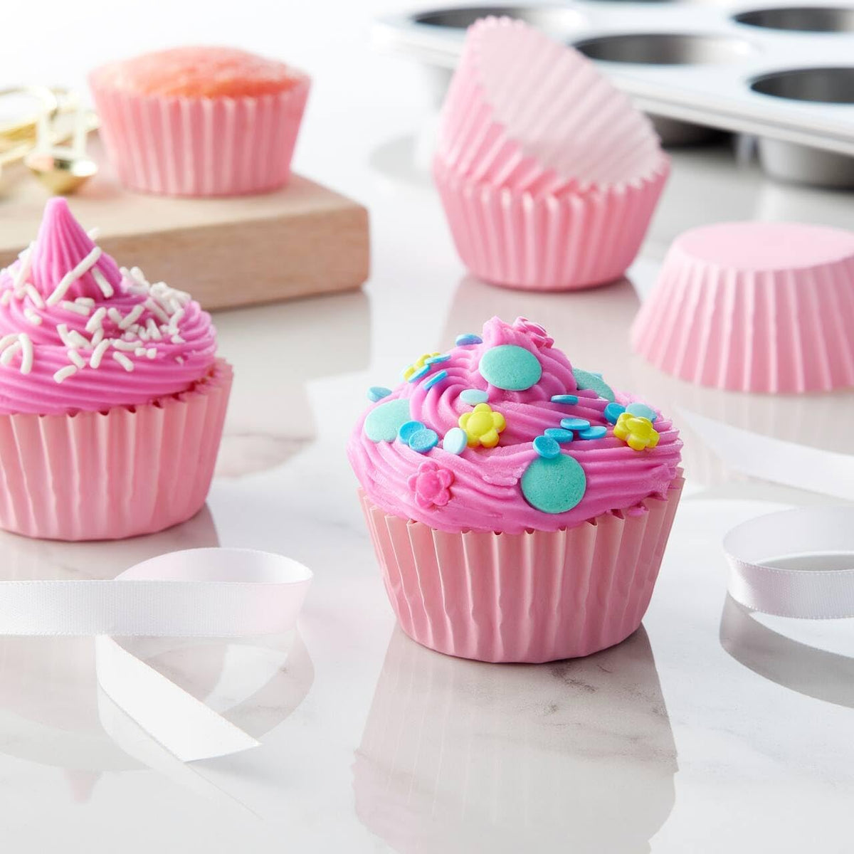 Caperci Grease-Resistant Standard Pink Cupcake Liners 150 Counts - Heavy Duty Paper Muffin Baking Cups, Odorless, No Muffin Pan Needed, Easily Peels (Pink)