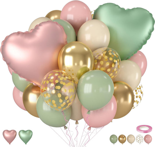 Pink and Green Balloons, 12 Inch Retro Sage Green Pink Nude Metallic Gold Confetti Balloons with Heart Foil Balloon for Girls Jungle Woodland Birthday Safari Baby Shower Party Decorations
