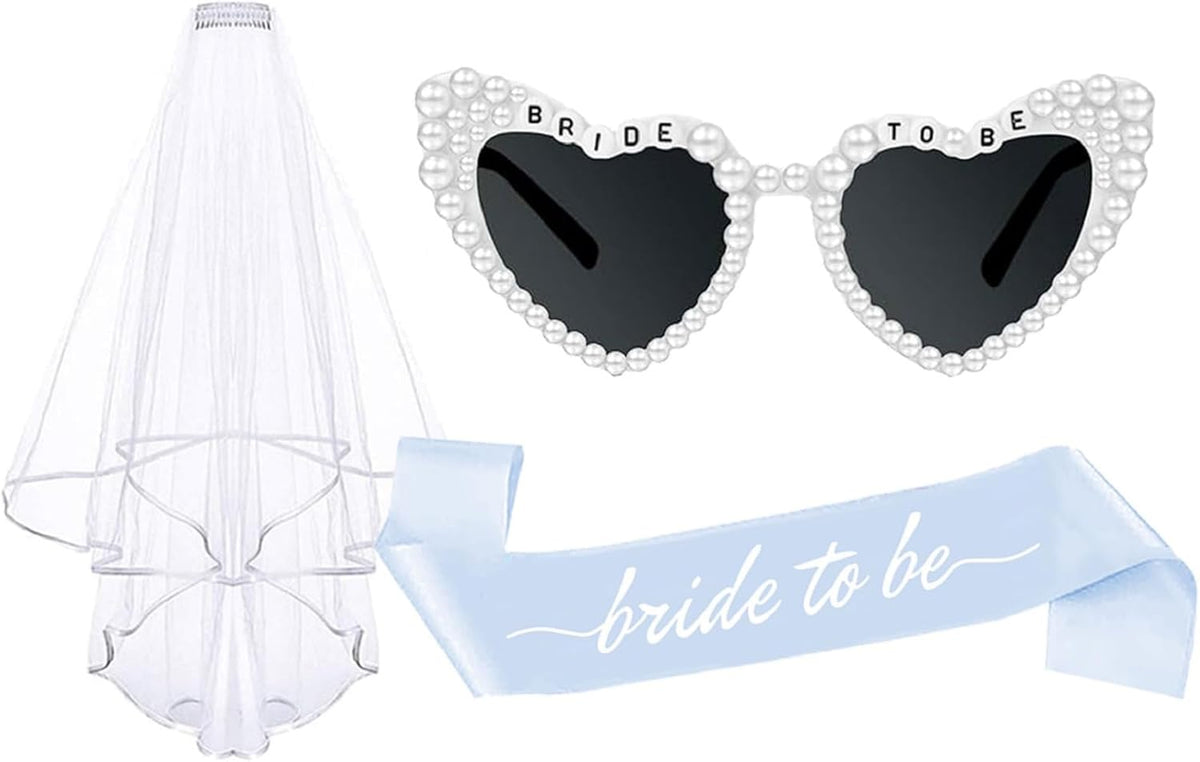 3PCS Blue Bride To Be Sash and Veils Bride to Be Heart Pearl Sunglasses for Bachelorette Bridal Shower Engagement Party Favors Accessories