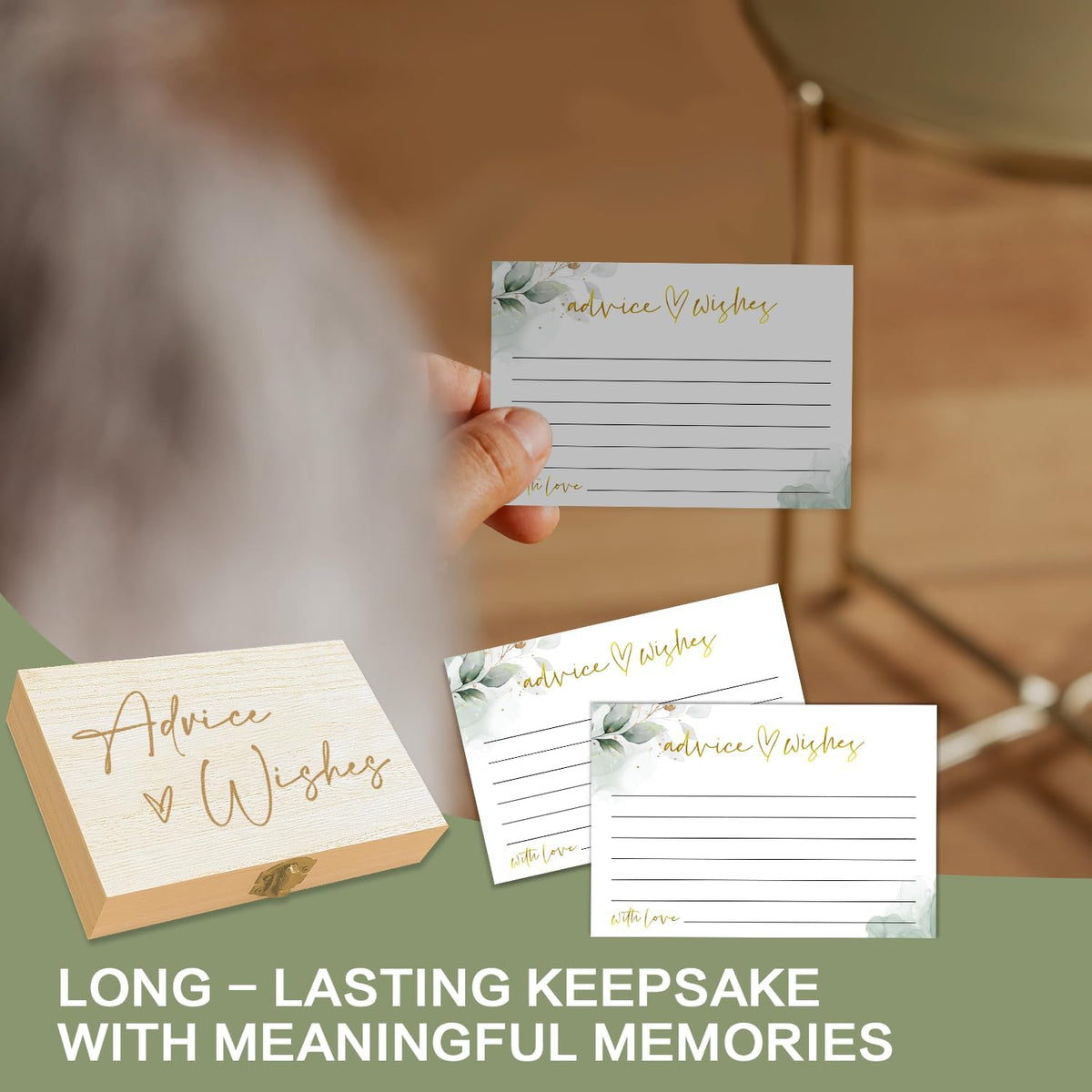 Watercolor Advice and Wishes Cards with Box - 50 Pcs Eucalyptus Advice Cards for Wedding, Bridal Shower, Baby Shower, Well Wishes Box for Graduation, Christmas, Birthday Party Decorations -A05