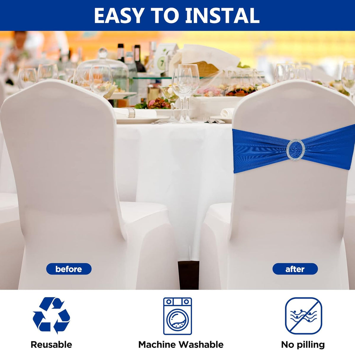 CHENGU 150 Pieces Spandex Stretch Chair Sashes Bows Elastic Chair Cover Bands Ties with Buckle Slider for Wedding Party Reception Events Universal Ceremony Banquet Decorations (Blue)
