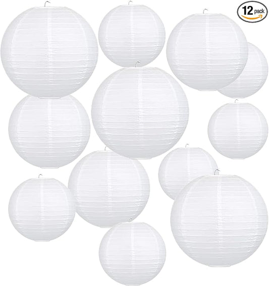 12Pcs 6, 12 Inch Mixed Sizes White Paper Lanterns Decorative Chinese, Japanese by Clonynix